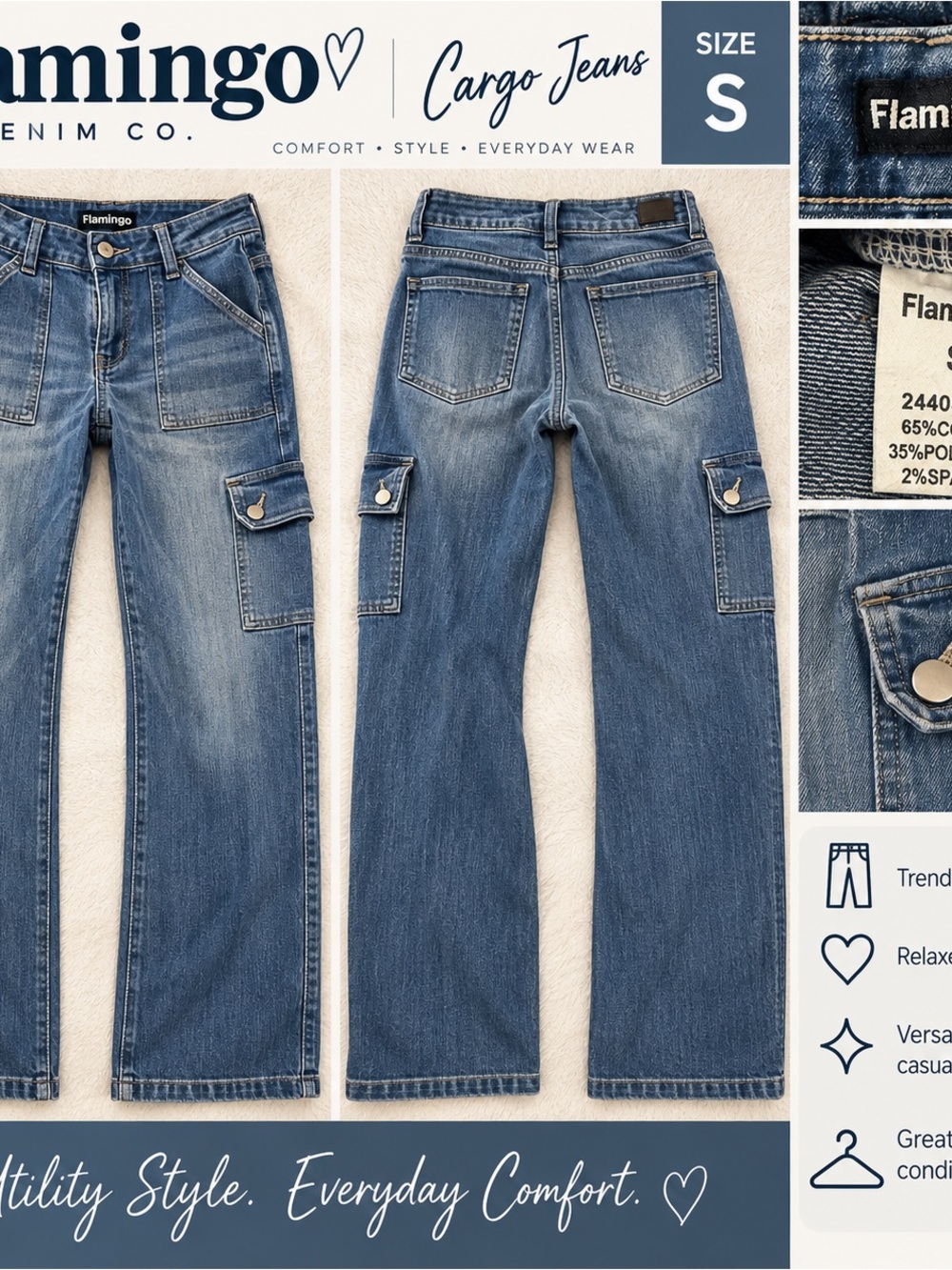 Flamingo Denim Relaxed Cargo Jeans - Blue (Women, S)